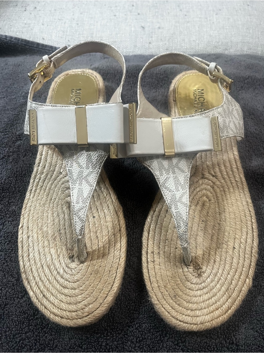 Michael Kors Cream and Gold Logo Bow Thong Sandals